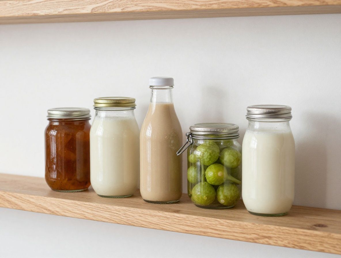 Tarros de vidrio con alimentos fermentados como chucrut y kéfir en una cocina luminosa con paredes blancas y estantes de madera natural