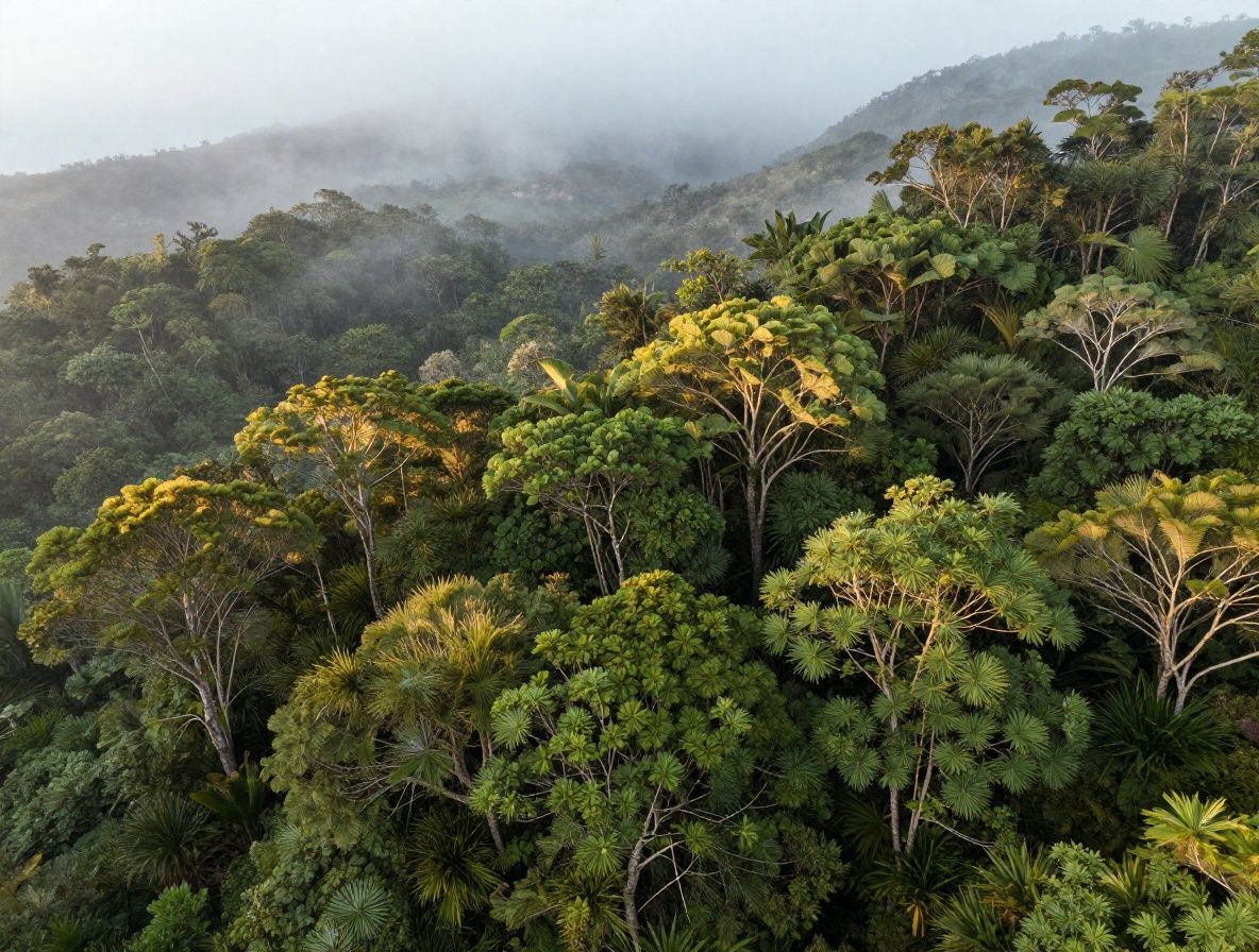 Paisaje de bosque andino colombiano al amanecer con niebla baja entre los árboles y luz dorada que atraviesa el follaje verde intenso