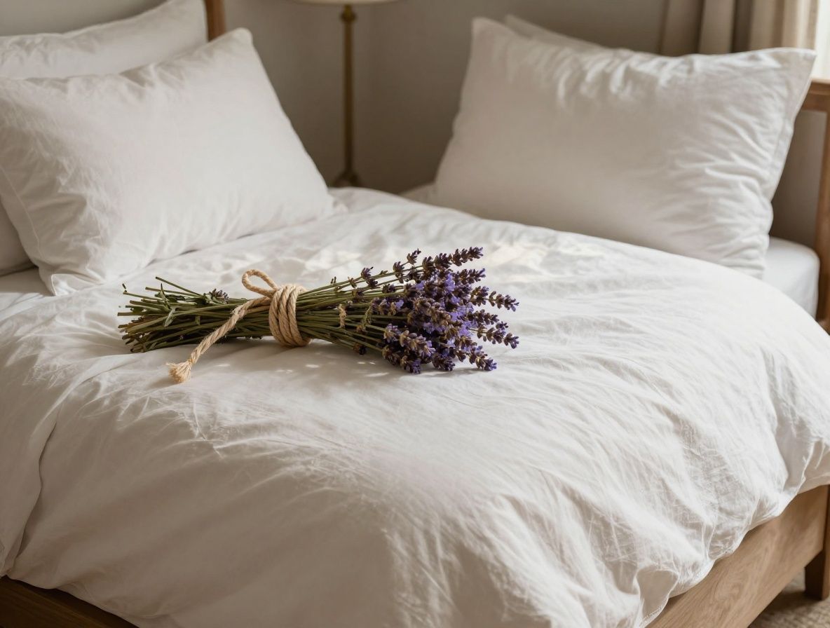 Ramas de lavanda fresca atadas con cordel sobre una almohada de lino blanco en una habitación con luz tenue y sombras suaves
