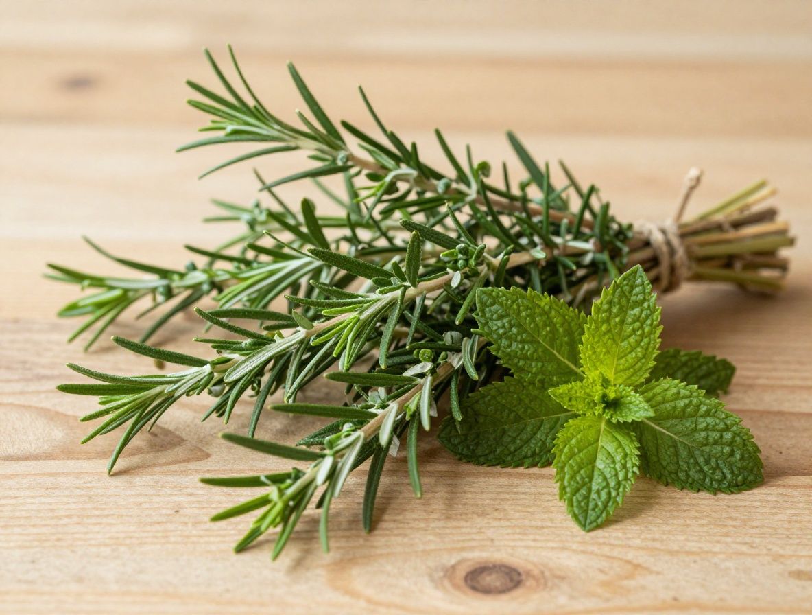 Variedad de hierbas aromáticas frescas como romero, tomillo y menta sobre una superficie de madera rústica con luz natural lateral