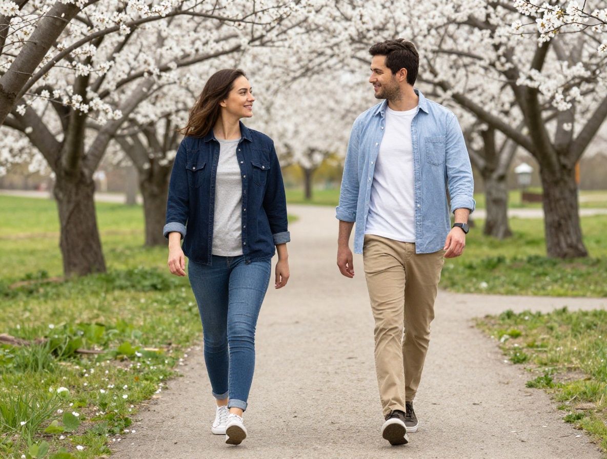 Pareja caminando por un sendero empedrado entre árboles con flores en primavera, vestidos con ropa cómoda y casual
