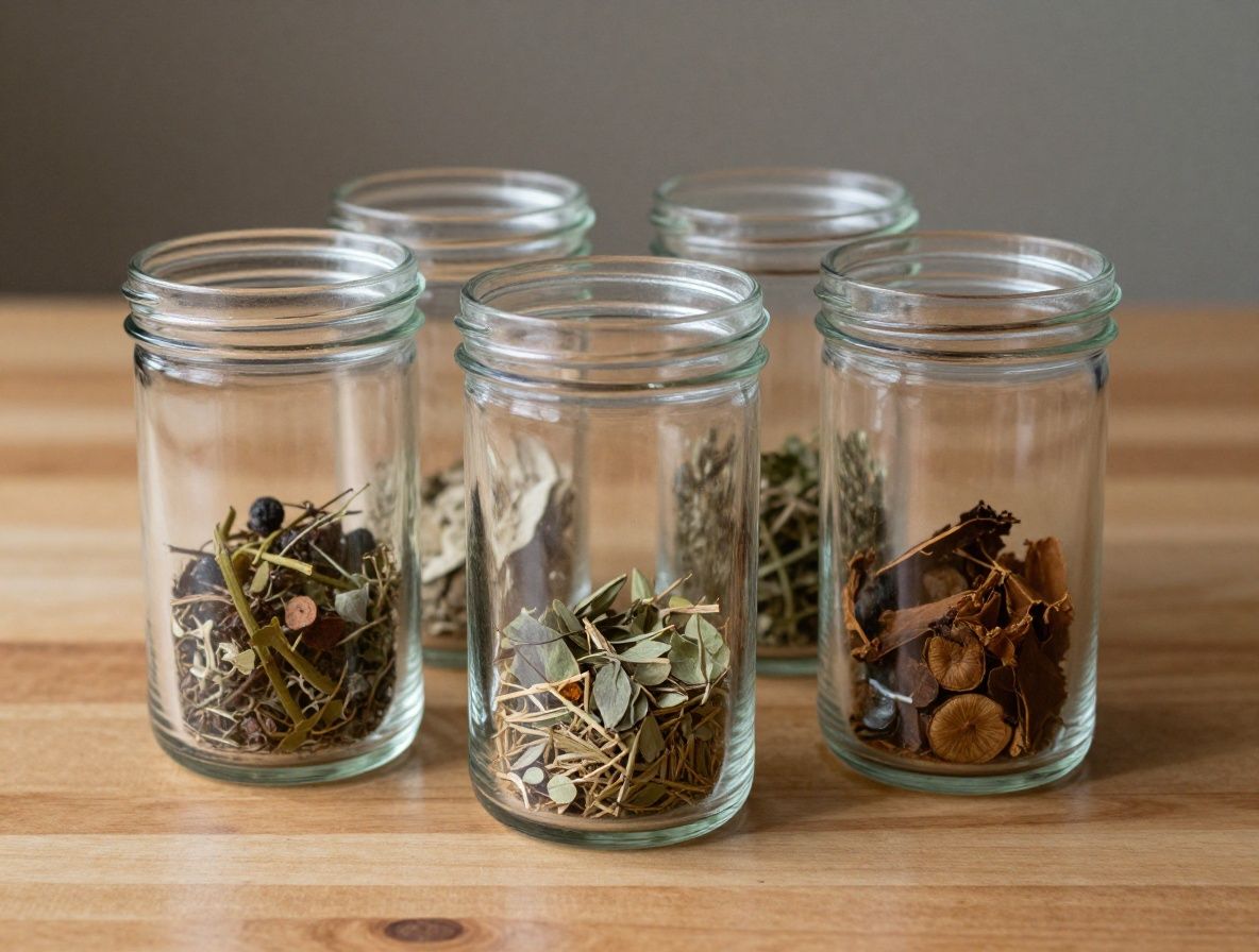 Colección de frascos de vidrio transparente con hierbas y especias secas en estantes de madera de una despensa natural bien organizada